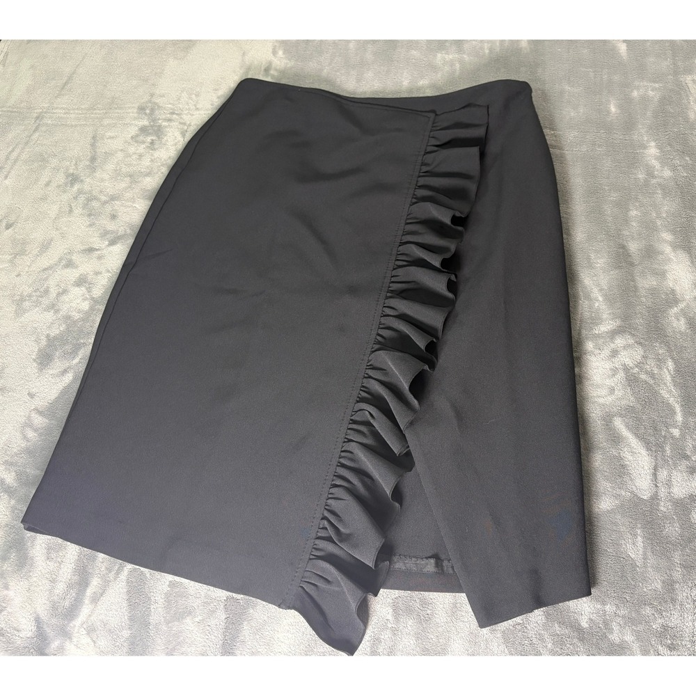 Worthington Black Ruffle Wrap Skirt Size 14 Career Faux Wrap Office Professional
